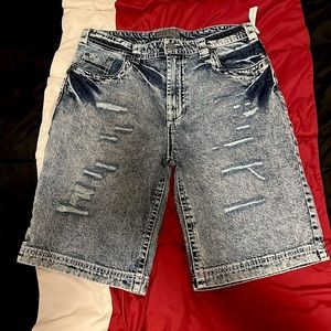 Men’s Decree Blue Distressed Denim Shorts 33w